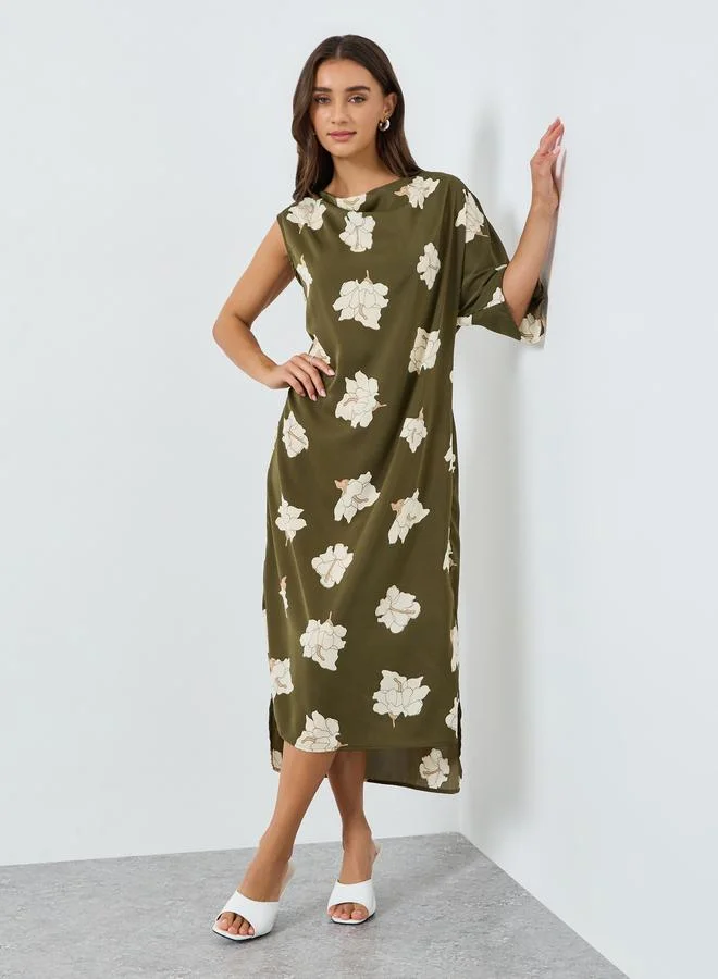 Styli Women Green Floral Short Sleeves Shift Midi Dress